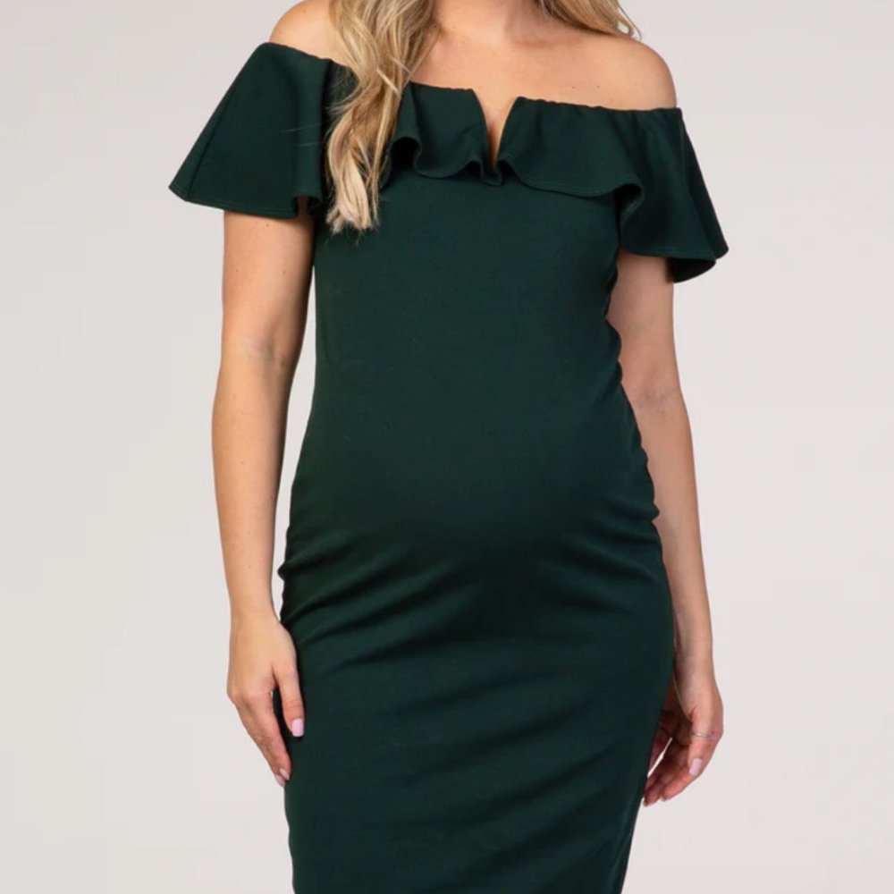 Maternity hunter green, off-the-shoulder midi dress